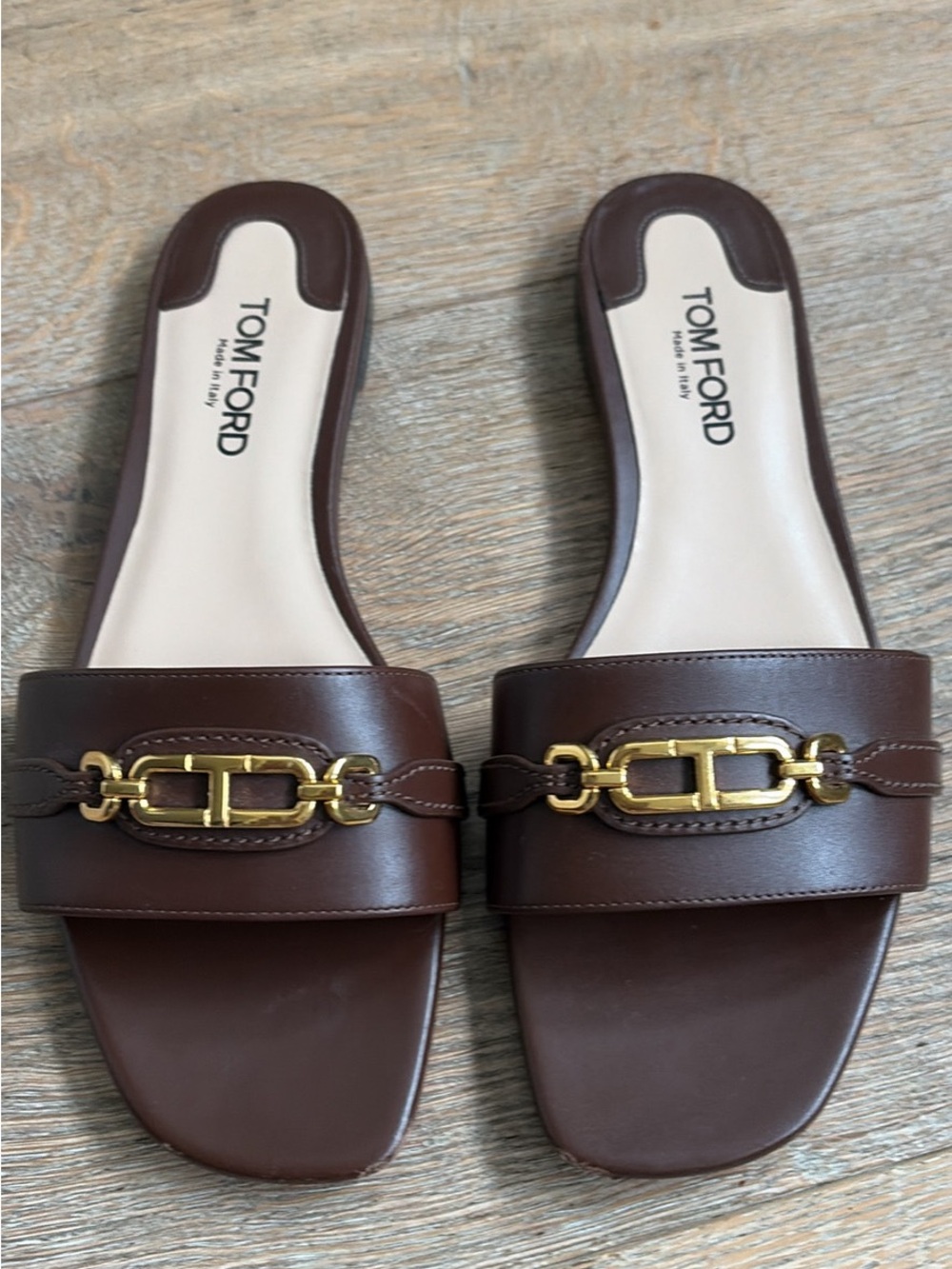 Tom Ford Dark Brown Leather Slide Sandals with Gold Chain Accent
